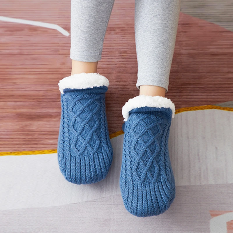 Knitted Slipper Socks Thick Slippers Women Girls Autumn Winter Velvet Home Floor Socks Non Slip Mid Tube Kawaii Cute Socks 1Pair