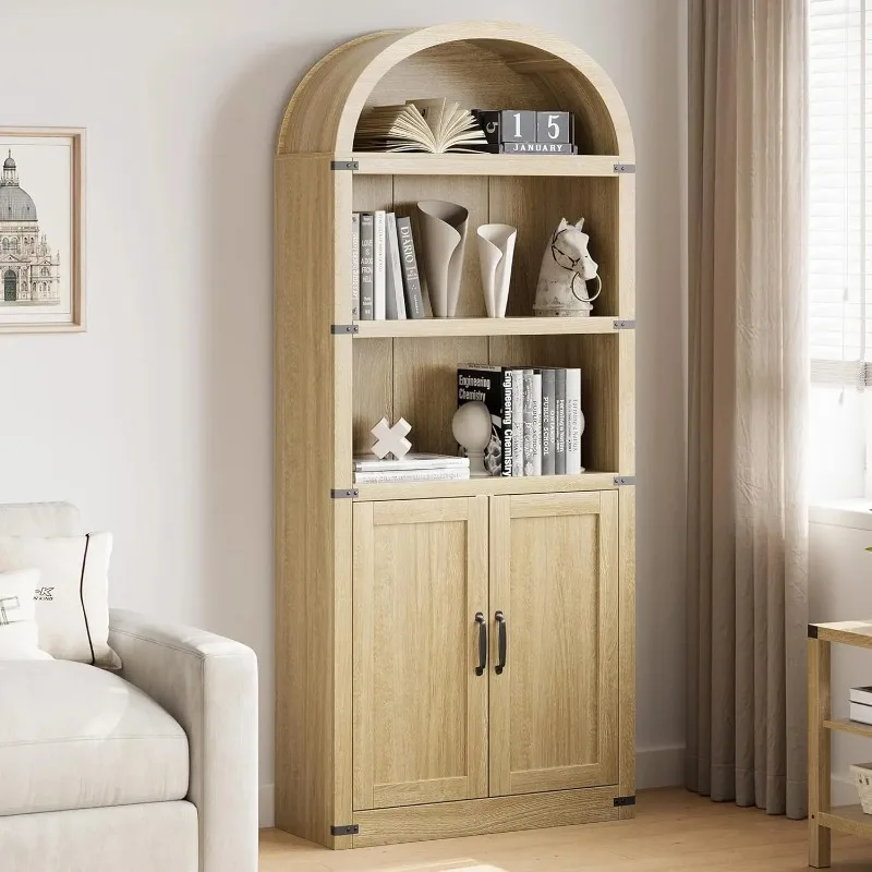 Bookcase with Doors Arched Bookshelf 71.65in Tall Bookcase Farmhouse Cabinet with Shelves Wooden Bookshelves for Home Office