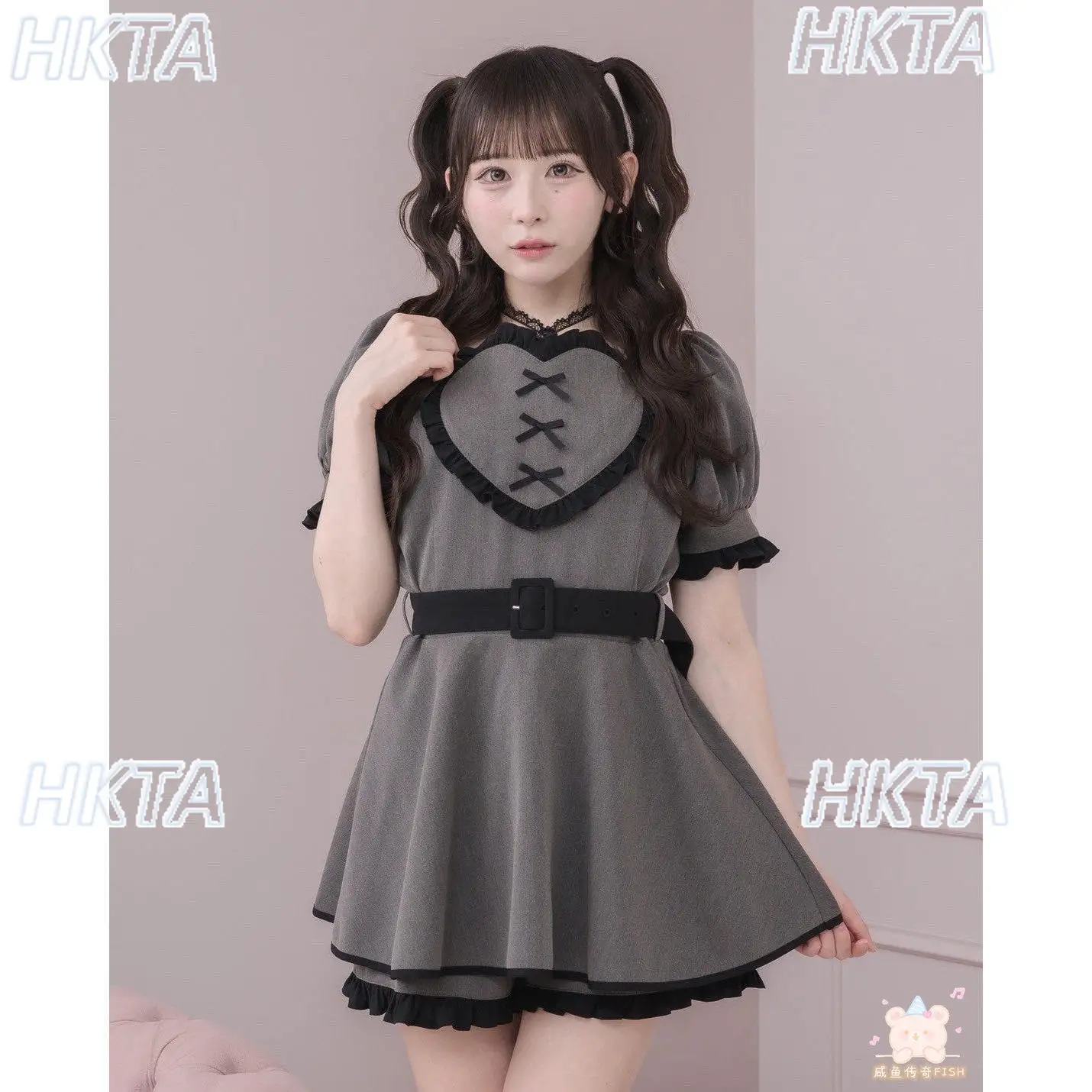 Japanese Mass Produced Sweet Lolita Love Belt Lace Bow Plaid Dress Summer Square Neck Bubble Short Sleeve Dress Shorts Set Women