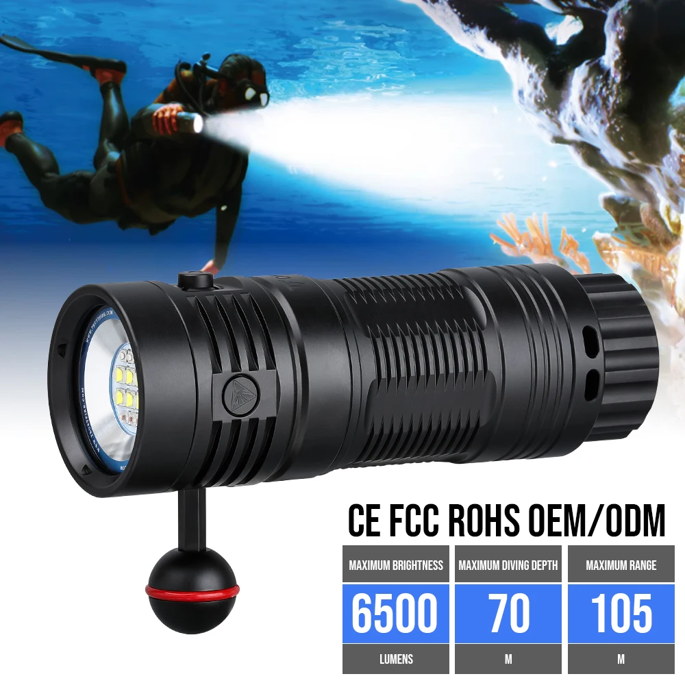 2026 DF50S Super Bright 6500LM 3-in-1 UV Red White Aluminum Alloy Diving Flashlight 70 Meters Underwater IP68 Camping