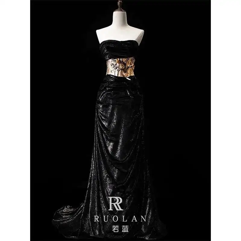 Off-Shoulder Evening Dress 2025 New High-End Luxury Niche Host Black Dress for Women Toast Dress Bride