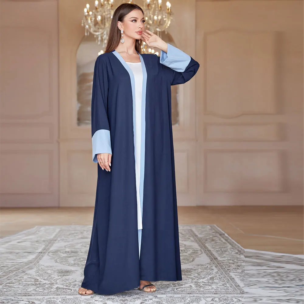 Middle East Dubai Türkiye Autumn New Fashion Middle Eastern Muslim Patchwork Sleeves Cardigan Robe with Headscarf