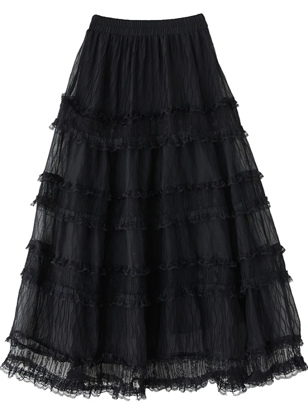 Letnia spódnica damska plus size na lato 2025, luźna, z bogatym haftem, koronką, plisowana, typu tort, do ziemi, z włókna poliestrowego, o kroju litery A...