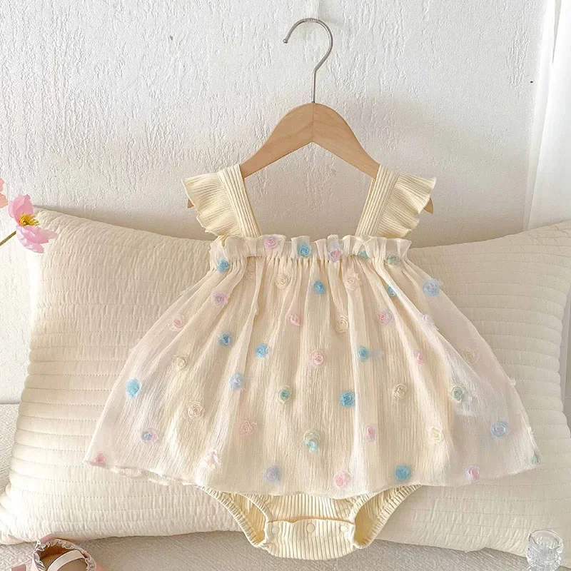 2025 New Summer Toddler Baby Girls Jumpsuit Sleeveless Cotton Mesh Splicing Infant Baby Girls Bodysuit 0-24M Children Clothes