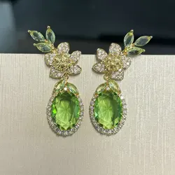 Bilincolor Blossoming Flower Lightweight Water Drop Shaped Green Zircon Earrings