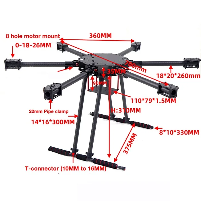 Paraguas plegable de fibra de carbono, Marco hexacóptero con tubo de carbono de 20mm, marco ordinario y mejorado de seis ejes, ZD700, 700mm