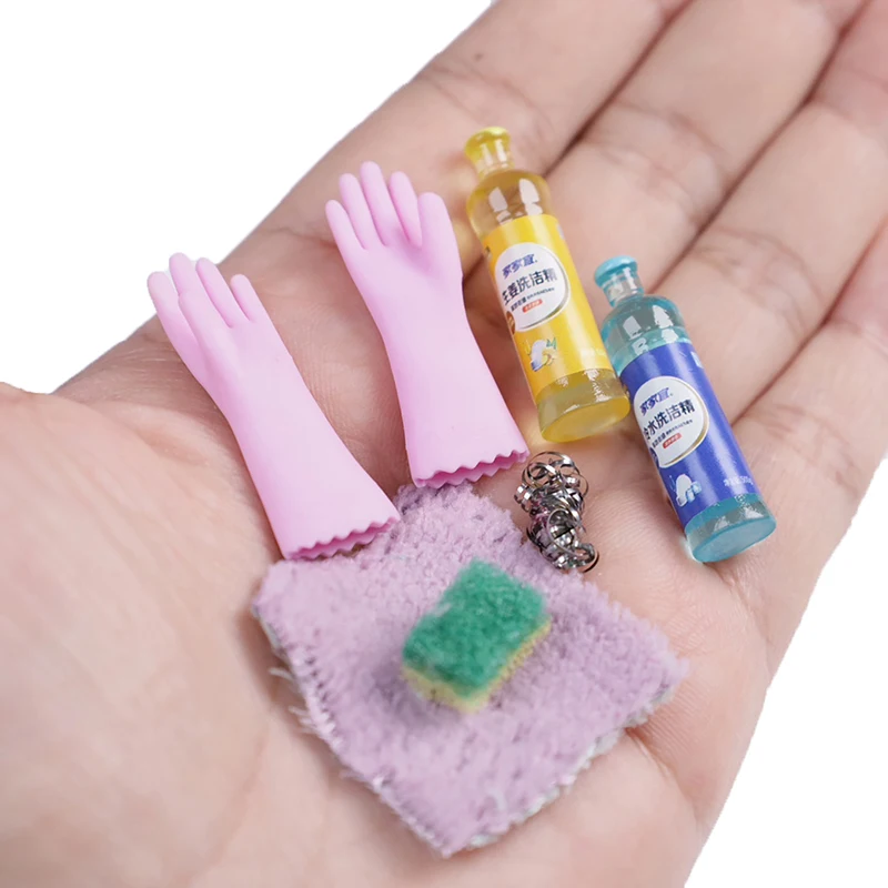 

1Set 1:12 Dollhouse Miniature Dish Soap Gloves Rag Chopsticks Bowl Kitchen Dishwashing Cleaning Model Dolls Life Scene Decor Toy