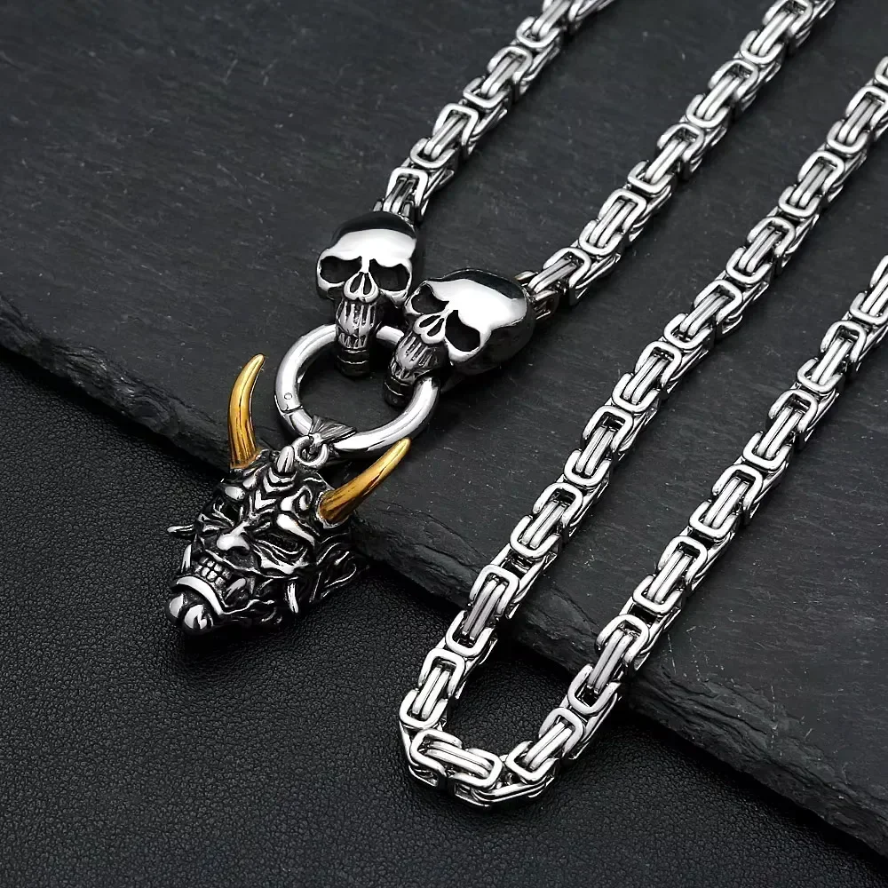 Vintage Prajna Demon Mask Stainless Steel Pendant Necklace With Double Skull Byzantine Chain For Men Gothic Fashion Jewelry
