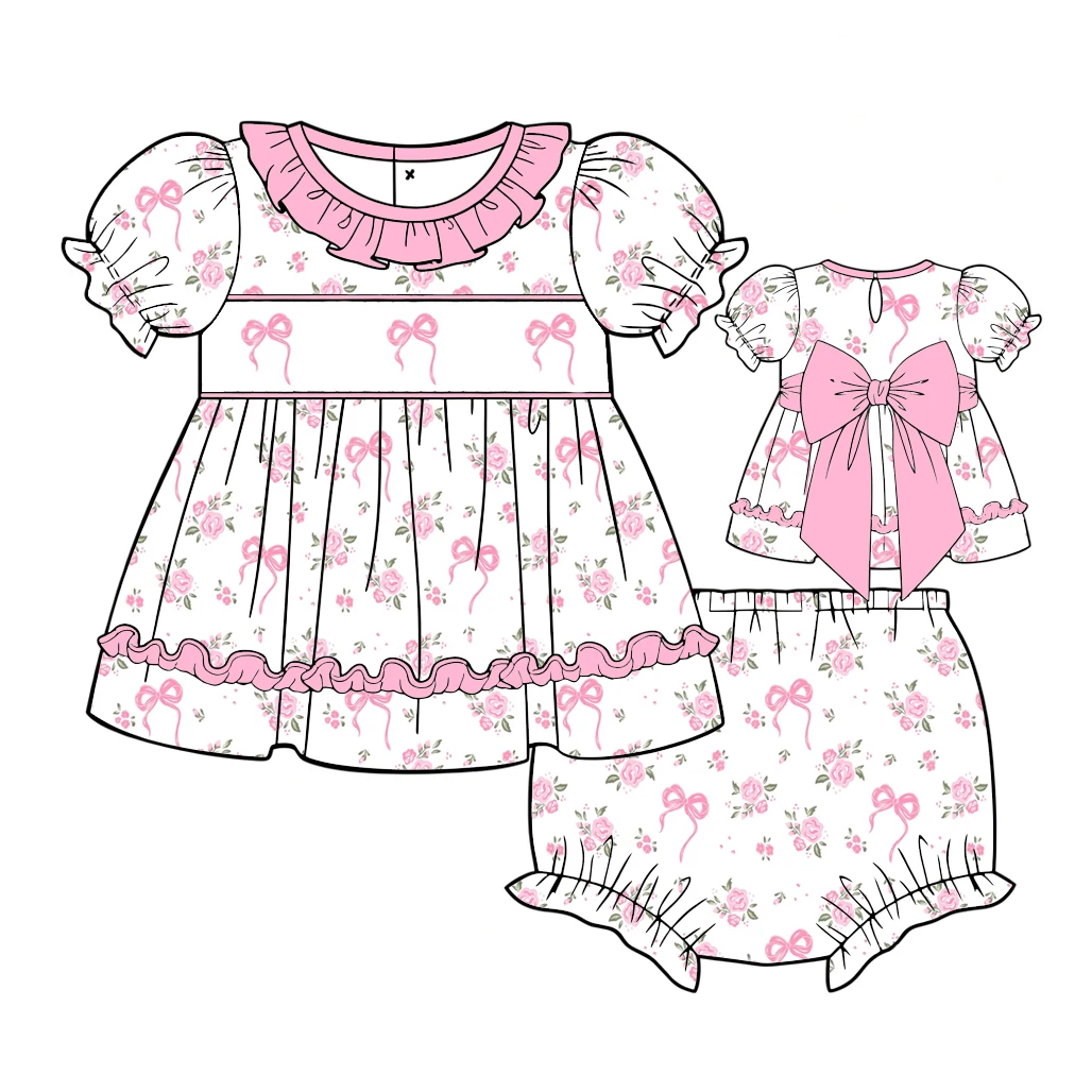 New Toddler Girl Strawberry Floral Print Dress Set Puff Sleeve Ruffle Trim Bloomers Kids Cute Summer Clothing Custom