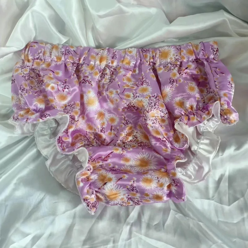 

Двухслойные трусики из имитированного шелкового сатина с глянцевым цветочным узором и оборками, нижнее белье больших размеров, мягкое шелковистое белье, сексуальные трусы для женщин и мужчин