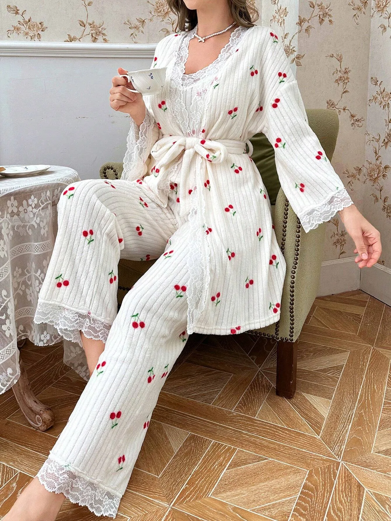 Romantic Nightwear Ladies Pajamas New Night Dress Nightie Woman Night Set 3 Piece Sexy Lace Trim Sleepwear Women's Peignoirs