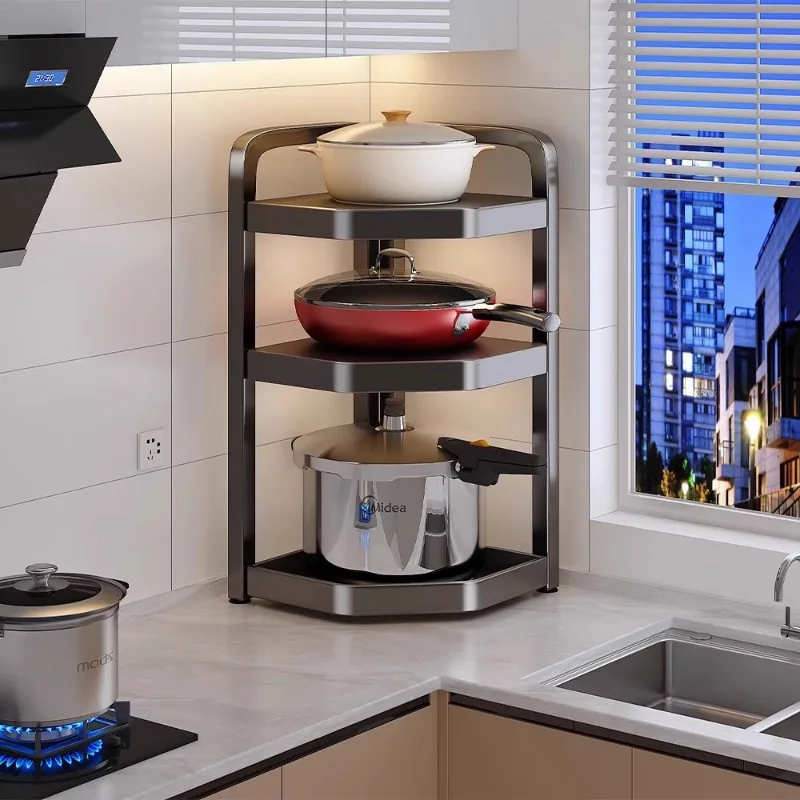 Carbon Steel Kitchen Corner Storage Rack  Multi-Tier Triangular Organizer  Sturdy Cookware Stand  Raised Countertop Pot Holder