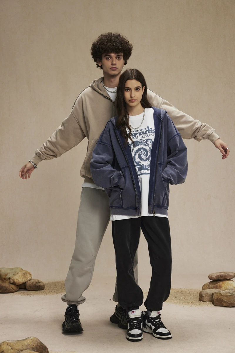 2024 Wash Distressed Hooded Sweatshirt mit Reiß verschluss Vinatge lose kantige Doppel reiß verschluss Hoodie y2k Herren Baumwolle Winterkleid ung – Detail 4