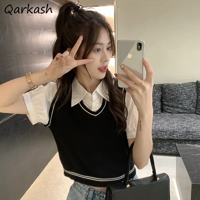 Fake 2 Pcs Blouses Women Knitted Preppy Students Sweet Tender New Arrival Harajuku All-match Summer Tops Mujer Stylish Korean