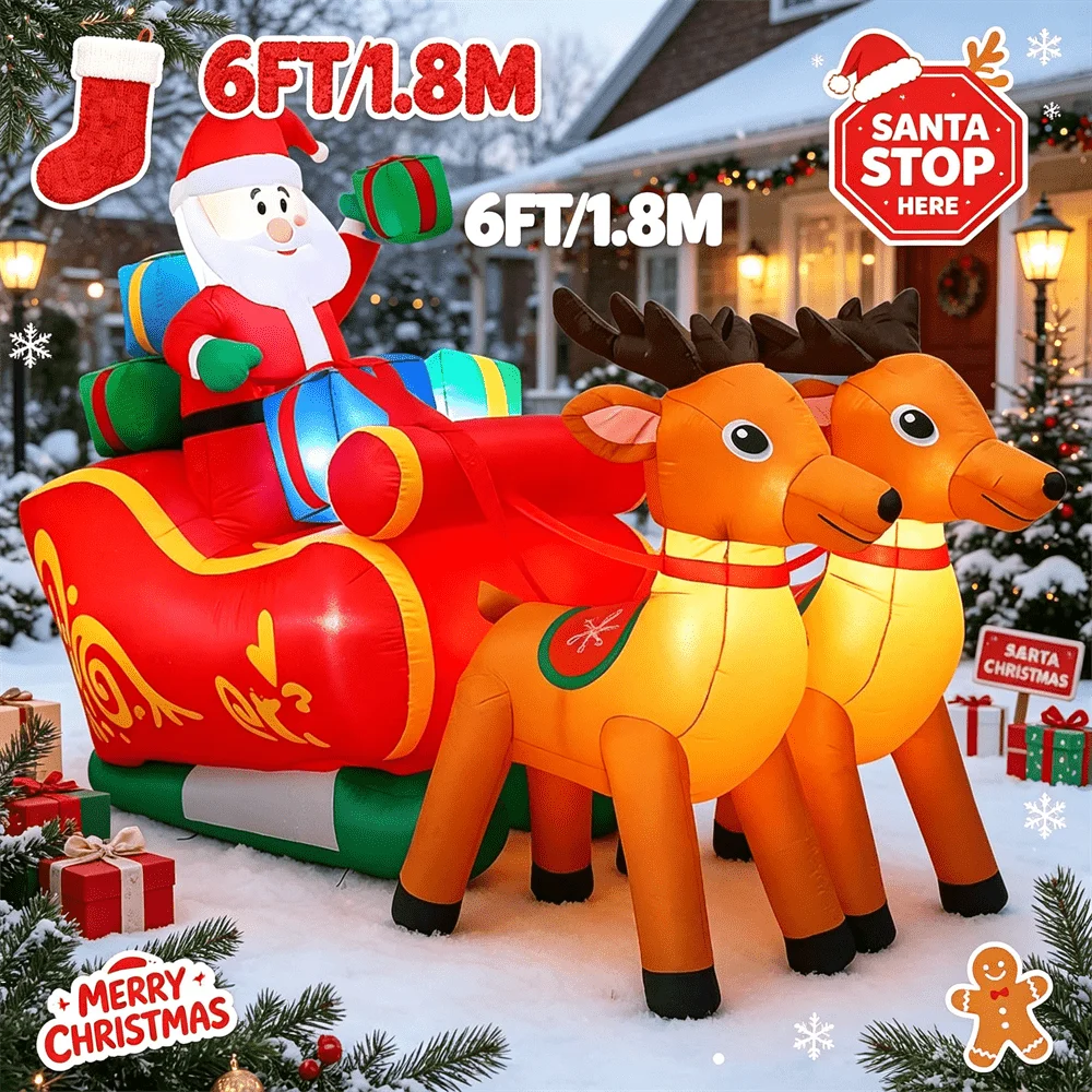6 FT Christmas Inflatable Santa Reindeer Sleigh Festive Yard DIY Decoration Outdoor Xmas Holiday Party Decor for Garden Porch
