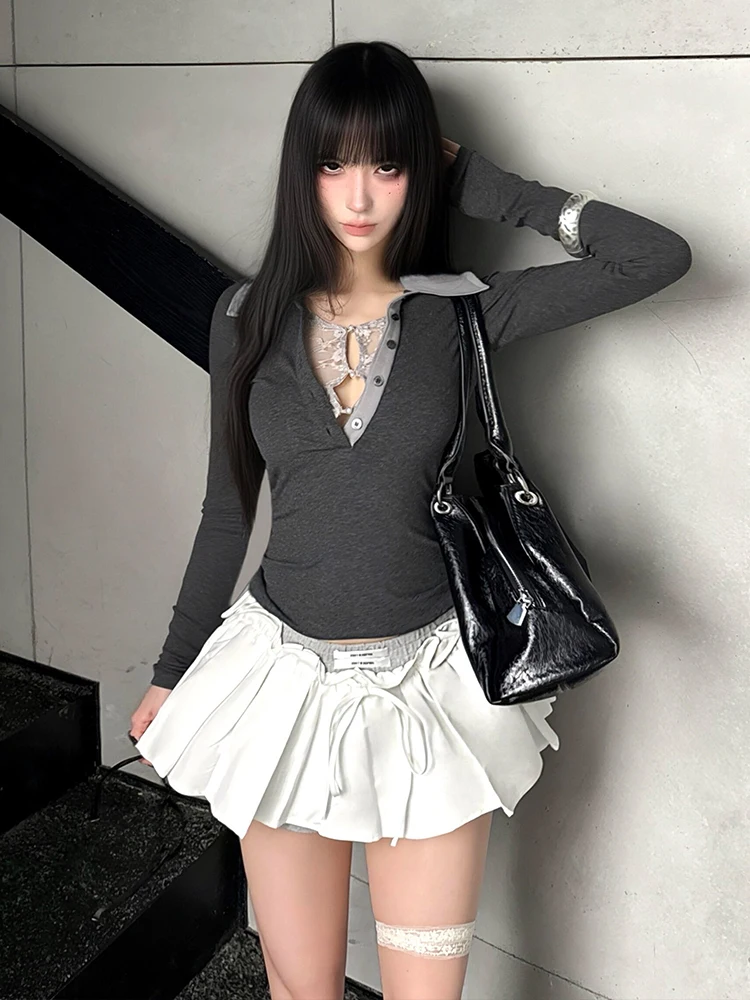 Seeslim Hotsweet Turn-down Collar Fake Two Piece T-shirts Women Clothing Patchwork Lace Autumn Tops Korean 2000s Clothes Y2k