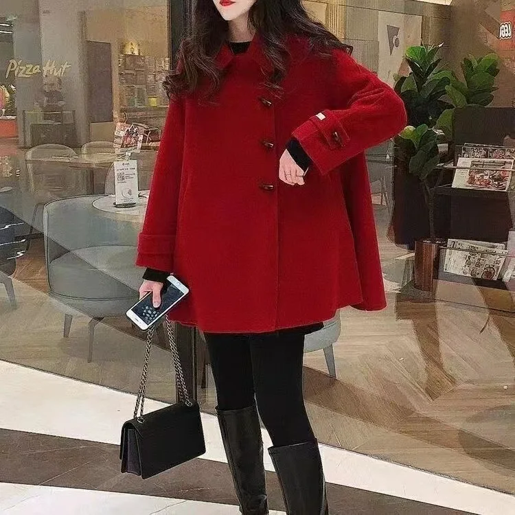 

Красное шерстяное пальто высокого качества, женское осенне-зимнее пальто 202, новая куртка на пуговицах с рогами, женская корейская верхняя одежда, плащ, модная верхняя одежда