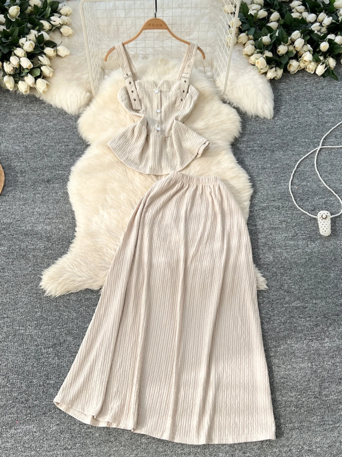

Summer Two Pieces Set Women Solid Sexy Club Elegant Button Backless Short Slip Tops And High Waist Pleated Long Skirt Suit Korea