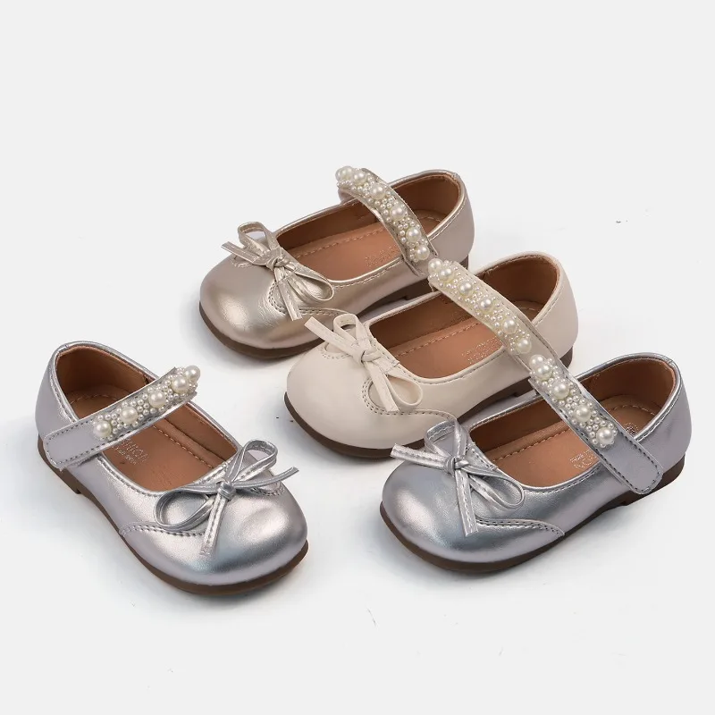 Little Girls Princess Dress Shoes Pearl Bow Children's Leather Shoes for Wedding Party Kids Causal Perform Flat Mary Jane Shoes