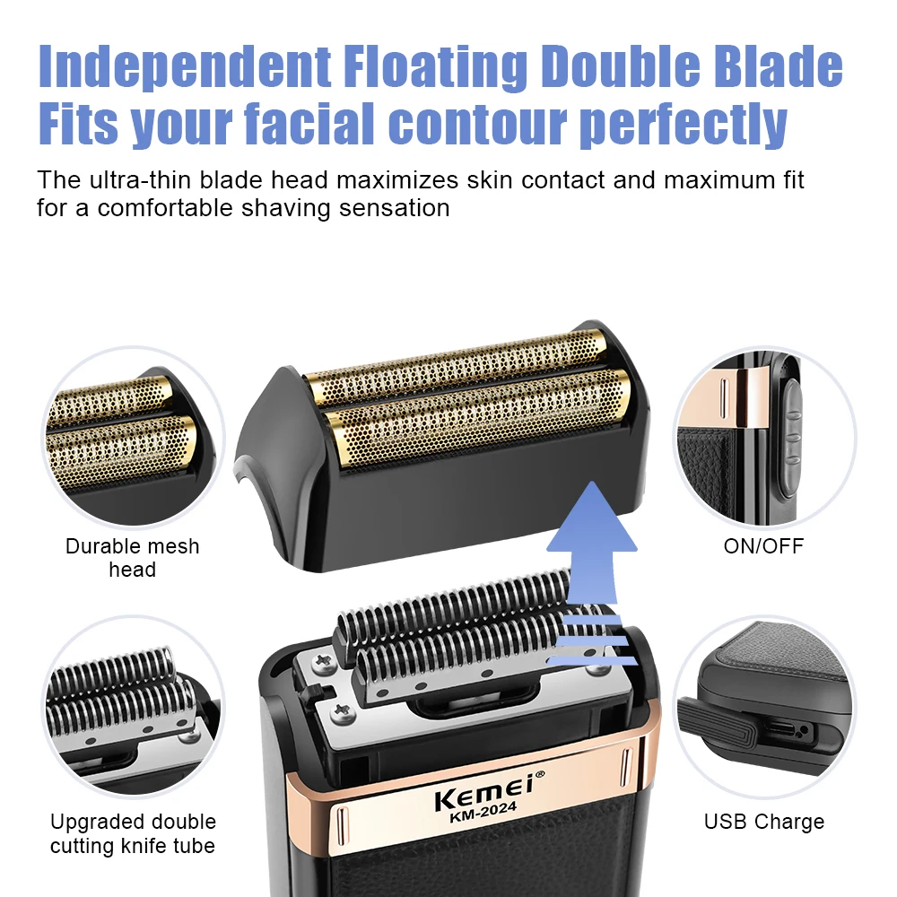 Kemei Electric Shaver for Men Waterproof Twin Blade Reciprocating Cordless Razor USB Rechargeable Shaving Machine Barber Trimmer