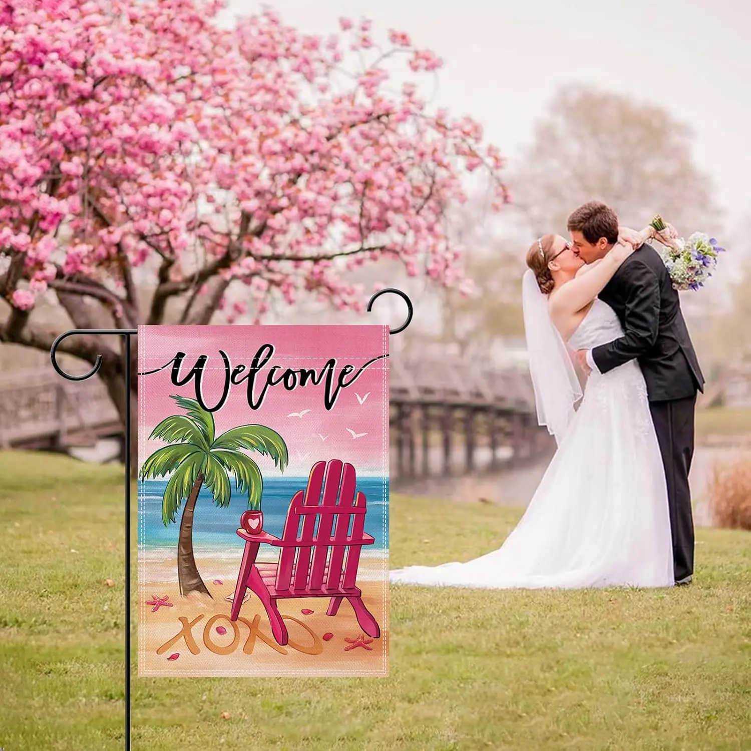 Artofy Welcome Valentines Day Beach Small Decorative Garden Flag, Coastal Nautical Pink Chair Palm Tree Yard Lawn Outside De EEZ