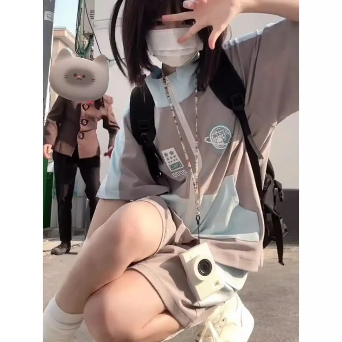 Oversize Japanese Cute Core Casual Sport Set Loose Short Sleeve Zipper Cardigan Shorts Contrast Color 2 Pcs Sets Women Y2k Suits