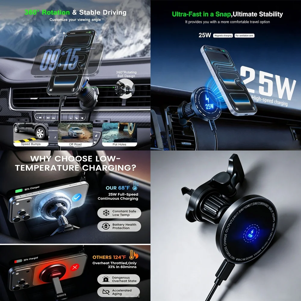 Wireless Car Charger Phone Holder 25W Magnetic Air Vent Mount 360 Rotation Stable for iPhone 17 Samsung Galaxy S26 Ultra Android