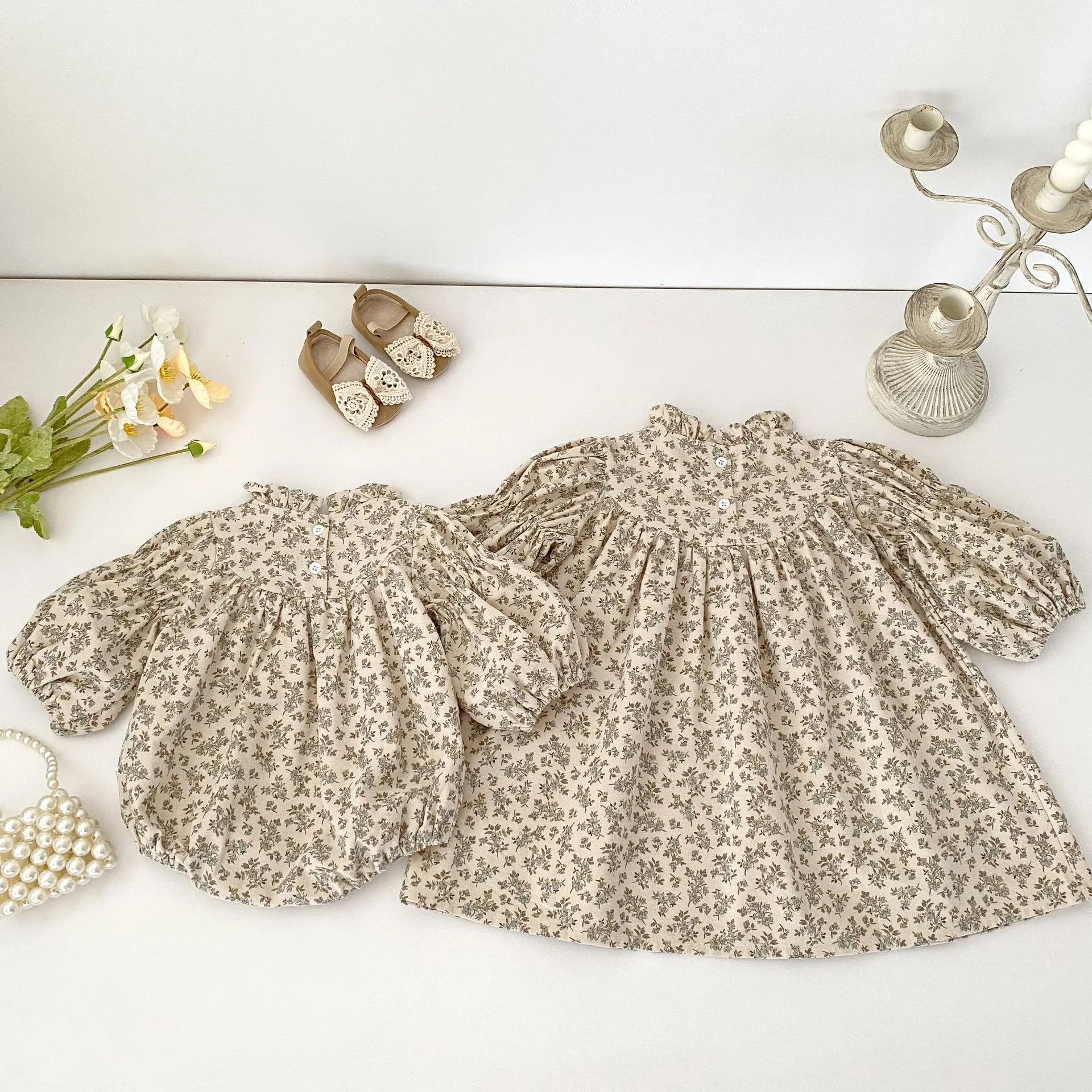 2026 Autumn New Baby Girl Long Sleeve Vintage Floral Bodysuit Cotton Infant Toddler Jumpsuit Girls Floral Dress Sisters Clothes