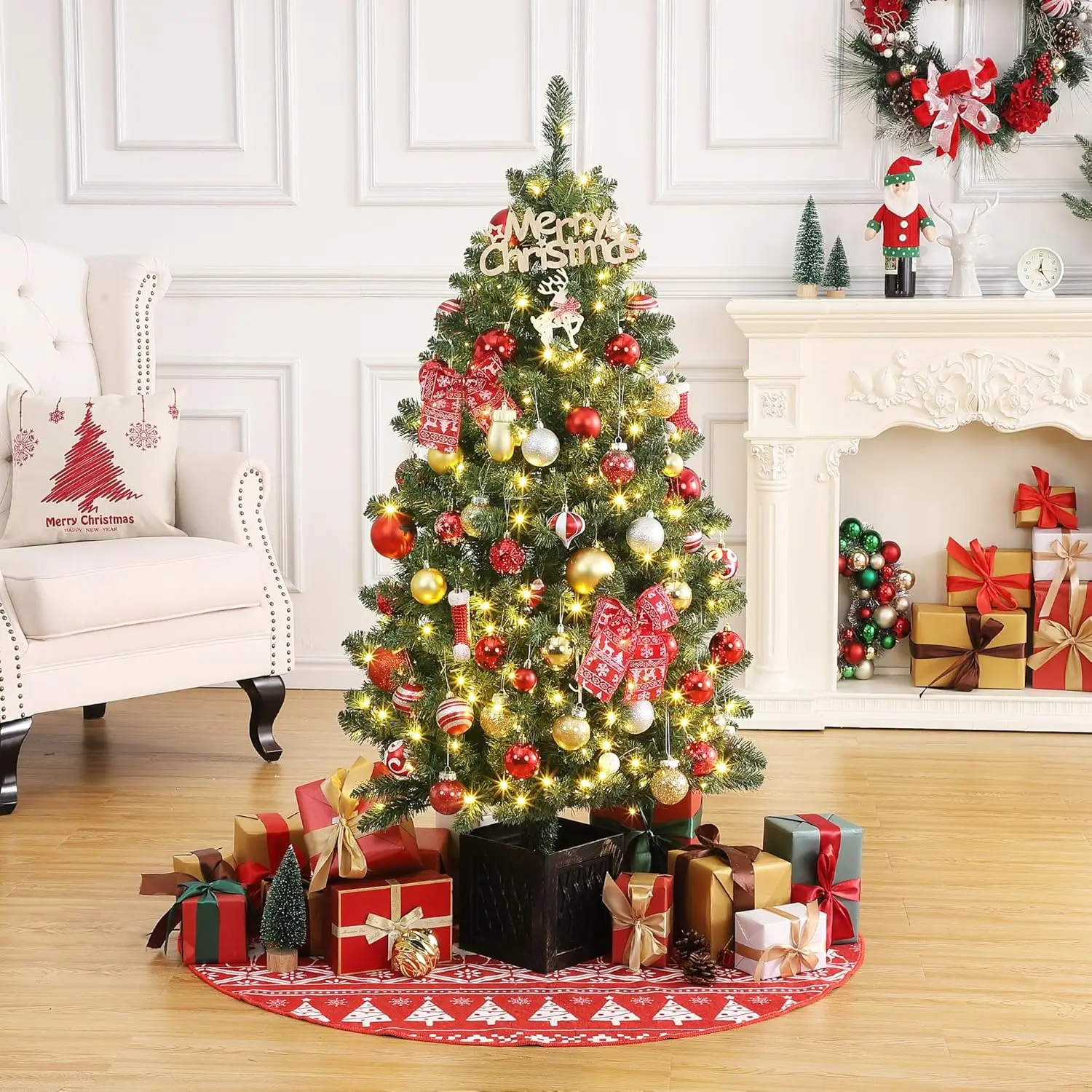 4.5 ft Pre-Lit Artificial Christmas Tree,Artificial Christmas Tree with 300 Warm White Lights and Vintage Potted Base