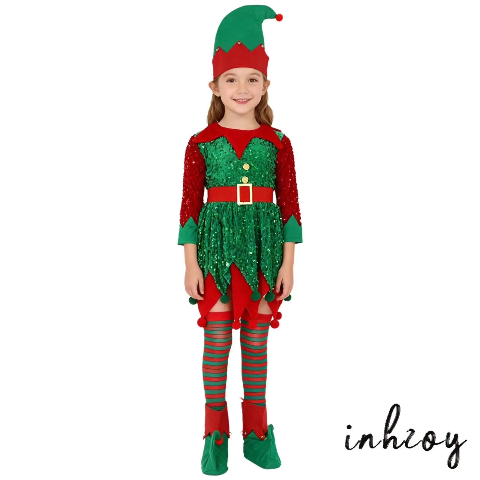 

Kids Girl Christmas Santa Helper Costume Set Sequins Long Sleeve Xmas Dress+Bells Hat+ Waistbelt Stripe Socks+Elf Shoes Covers