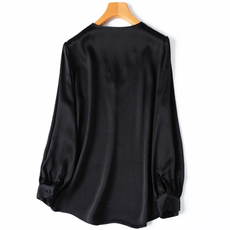 Blusa de seda para mujer 93% seda de morera 7% LICRA 19 Momme Color negro manga larga jersey con cuello en V camiseta superior Oficina señora M1455