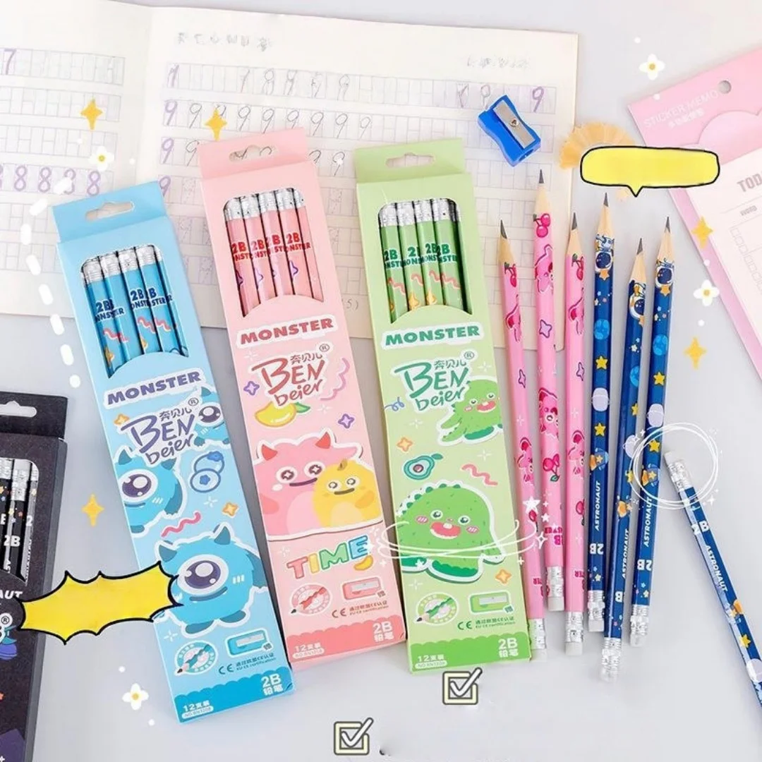 

Милые деревянные карандаши 2B с мультяшным рисунком, канцелярские товары, нетоксичные графитовые карандаши для плавного письма, набор из 12 штук, Ar
