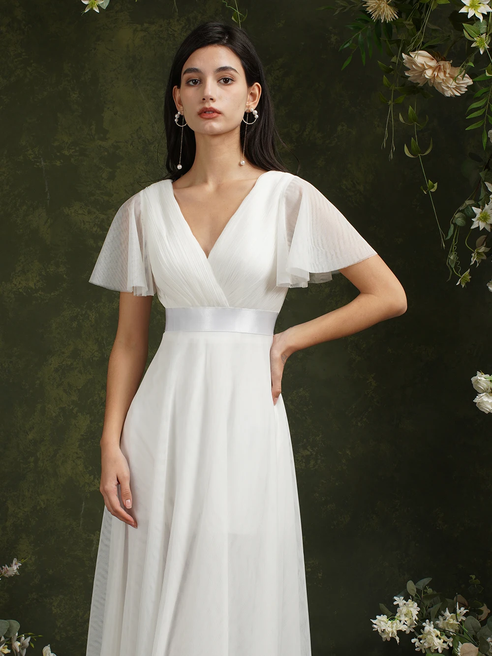 

Solid White Elegant Bridesmaid Dress Chiffon Gown A Flutter Sleeve Modern Evening Dress Full A-line Flowing Wedding Guest Gown