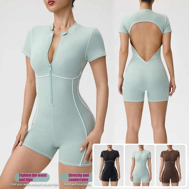 Outdoor sports quick-dry hip-lifting shaping European and American shorts sexy backless Pilates training wear yoga one-piece
