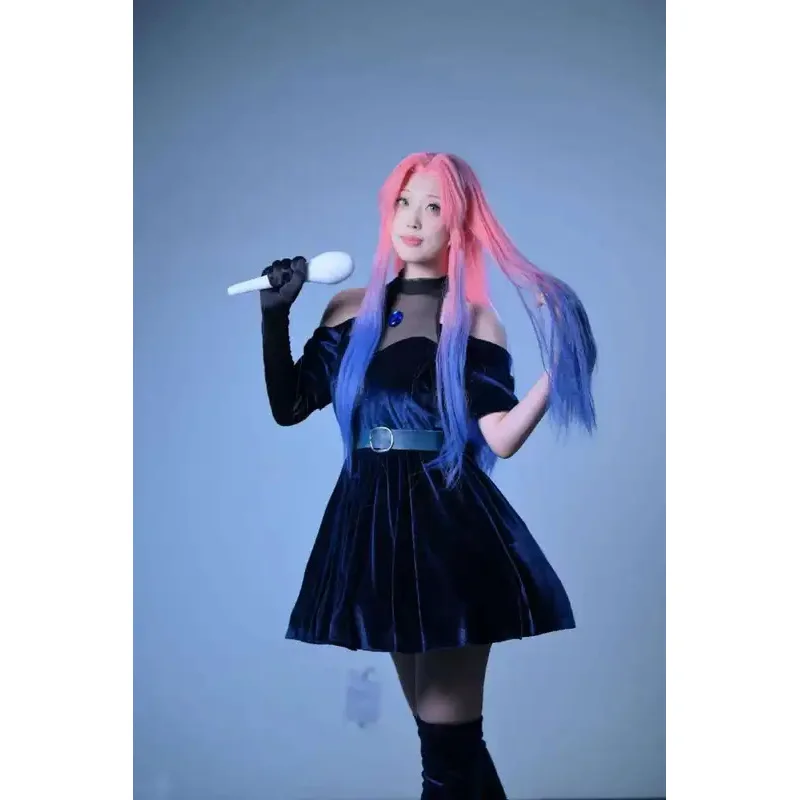 Anime Alien Stage Cosplay Costume Pink Gradient Blue Purple Long Wig Velvet Skirt Mizi Fancy Dark Blue Dress Party Carnival @0Z*