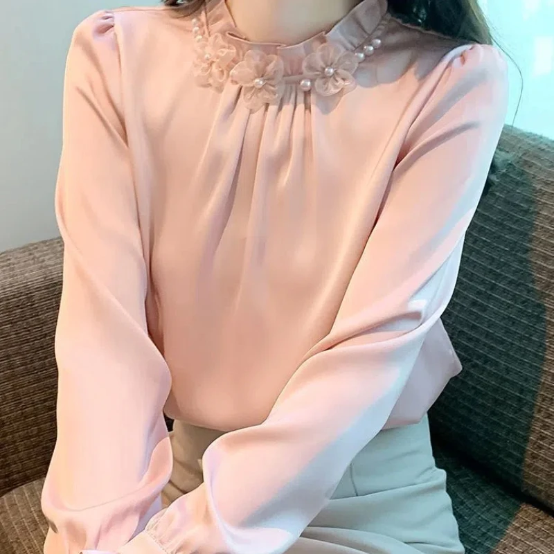 Camisa de gasa con cuello levantado para mujer, Top de manga larga con camisa de estilo francés en el interior, camisa Base con cuello de hongo negro único