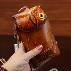 Bolso de cuero de vaca con forma de búho para teléfono móvil, bandolera de hombro, bonito bolso de mano para maquillaje, monedero