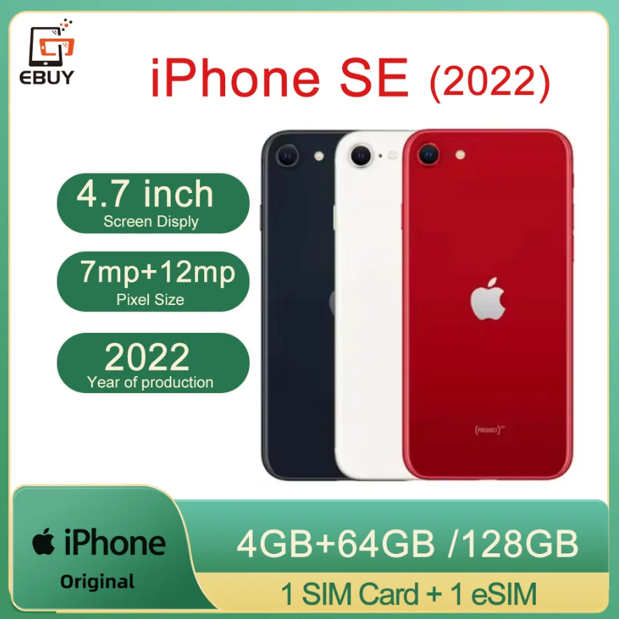كاميرا Apple iPhone SE 2022 SE3 4.7 بوصة A15 Bionic Chip 12MP بصمة الإصبع 4G RAM 64GB 128GB 256GB ROM هاتف أصلي غير مقفول