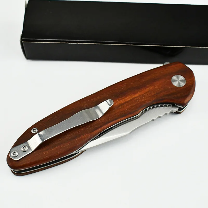 Camping bearing quick opening wooden handle knife field knife portable outdoor folding self-defense folding knife sharp