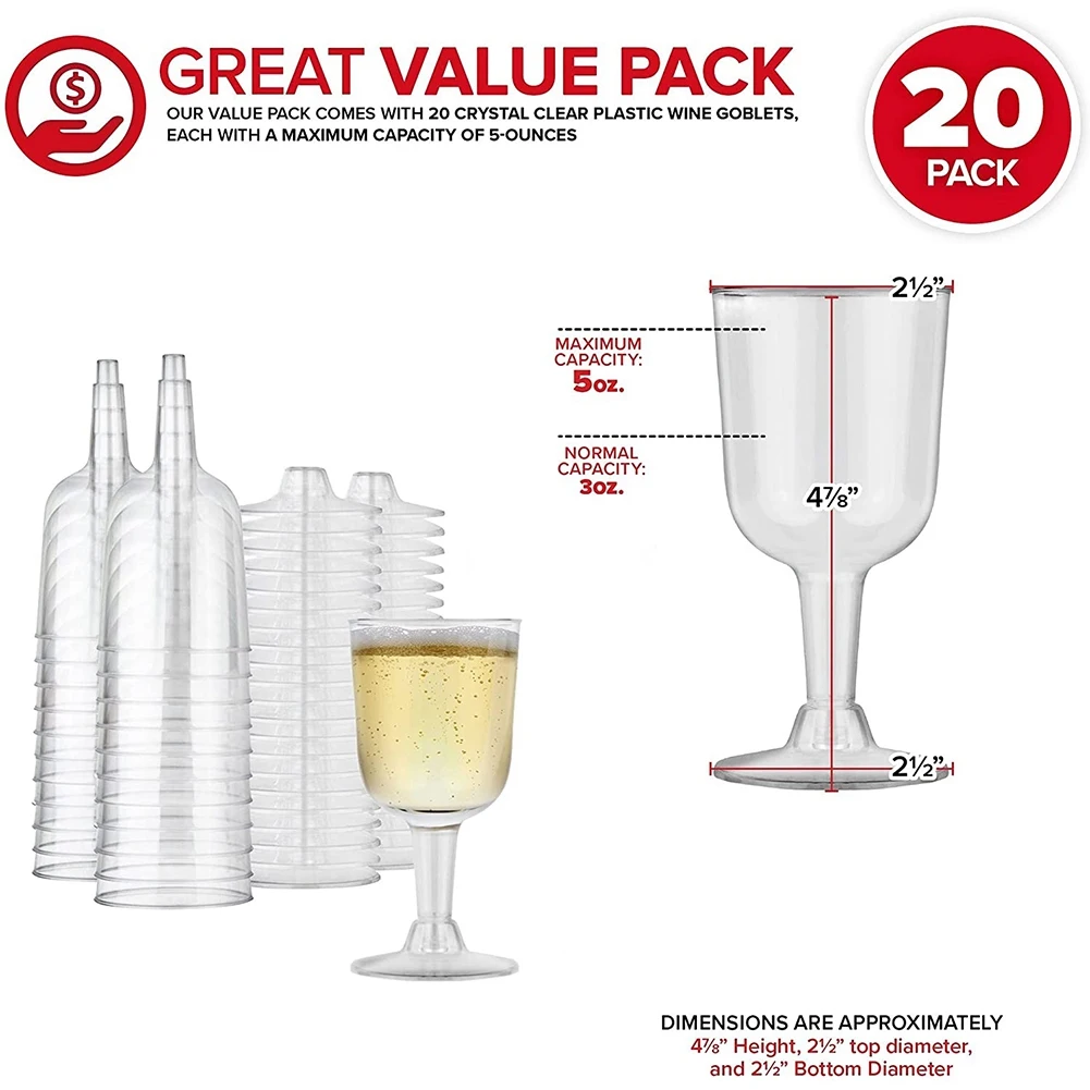 Verre à vin en plastique transparent recyclable, gobelet à vin incassable, poulet, réutilisable, standard pour le champagne, le dessert, 20 pièces