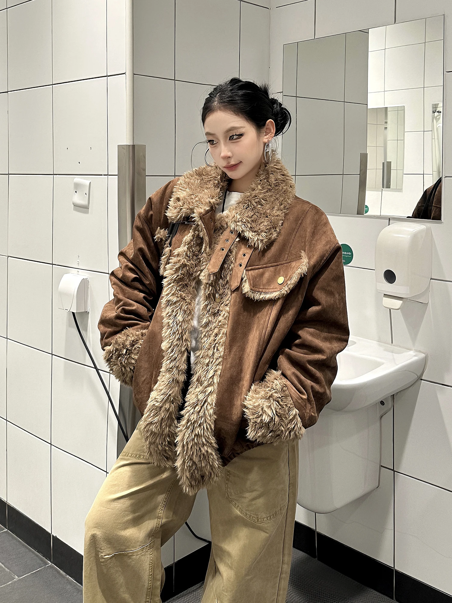 

Vintage American abby Plu Splicing Cotton Jaet Women's Loose Warm Brown Cotton Coat Autumn Winter New Sle Streetwear