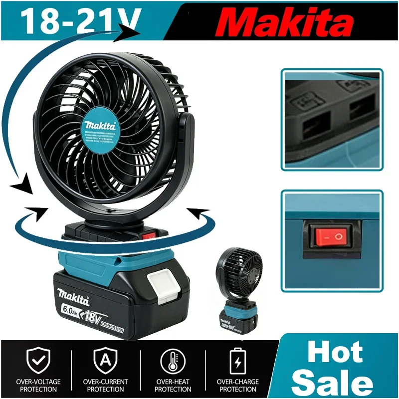 Makita 18V Fan 5inch Portable Green Fan with Wind Speed Adjustment USB Type-C Rechargeable for Outdoor Camping Desktop Use