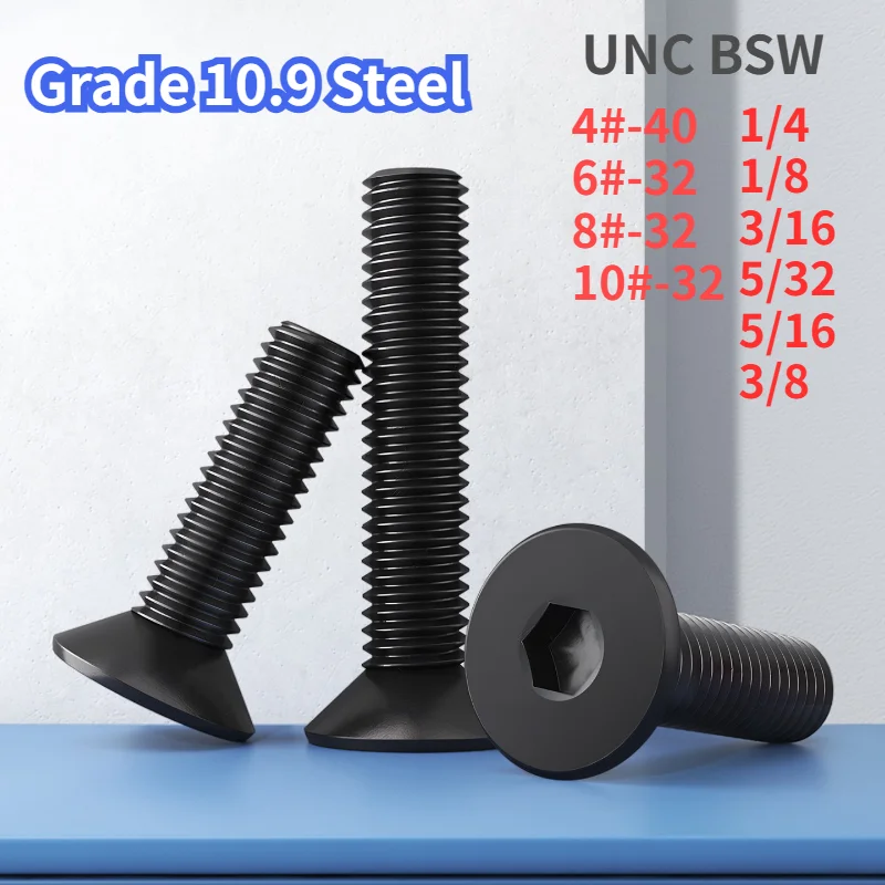 UNC BSW 1/4 1/8 3/16 5/32 5/16 3/8 Grade 10.9 Black Steel British Standard Hexagon Hex Socket Countersunk Flat Head Screw Bolt