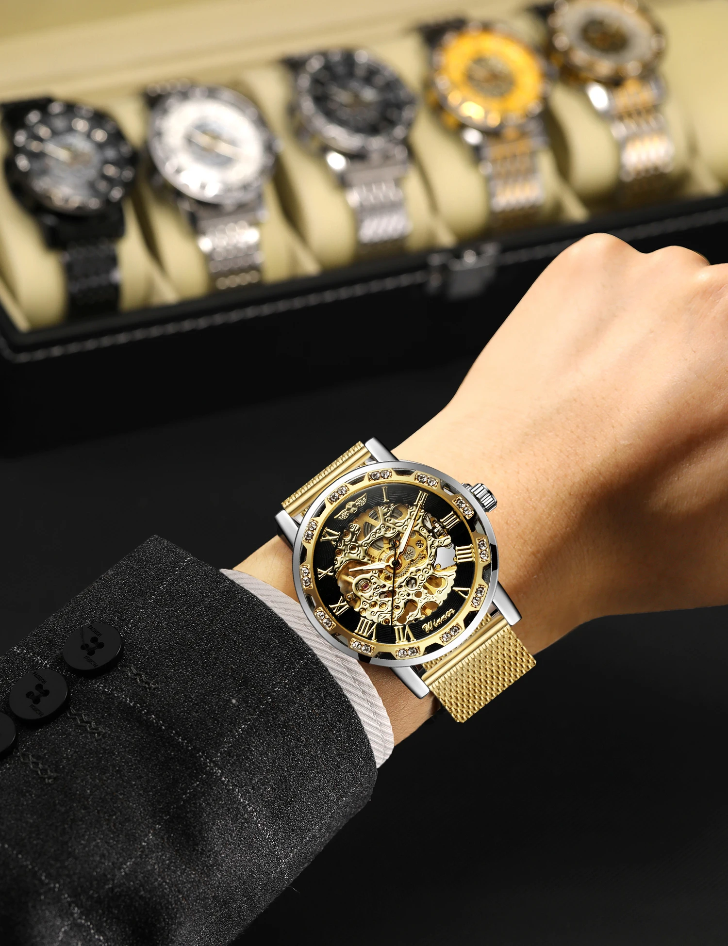 T-WINNER Classic Roman Numerals Mens Watches Engraving Skeleton Mechanical Luminous Pointers Rhinestone Mesh Band Man Wristwatch