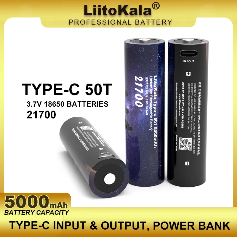 LiitoKala 100% Original 3.7V 50T 21700 5000mAh Multi-function Lithium Battery Type-c input 5V Output.