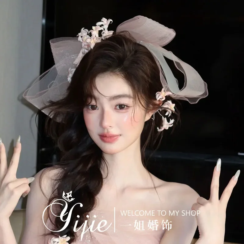 New big pink bow Mori small flower hairpin hair accessories Super fairy bridal wedding dress modeling disc hair headdress