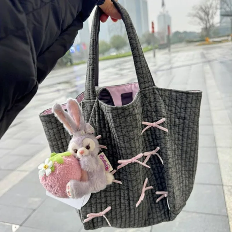 Ballet Bag Bow Tote Bag 2024 Cute Vertical Pattern Cotton Korean Shop Owner Sweet Lazy Versatile Casual Storage Bag Mommy Bag