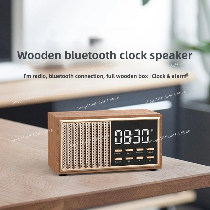 Vintage Wooden Bluetooth Speaker with Wireless Charging, Desktop Clock & Alarm - Multifunctional Desktop Audio Accessory