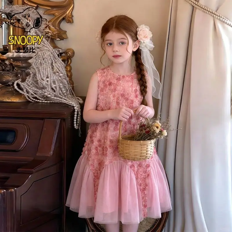 

Toddler Baby Girls 3D Rose Tulle Dress Sleeveless Floral Embellished Party Gown Comfortable and Elegant Princess Outfit Fo Kids