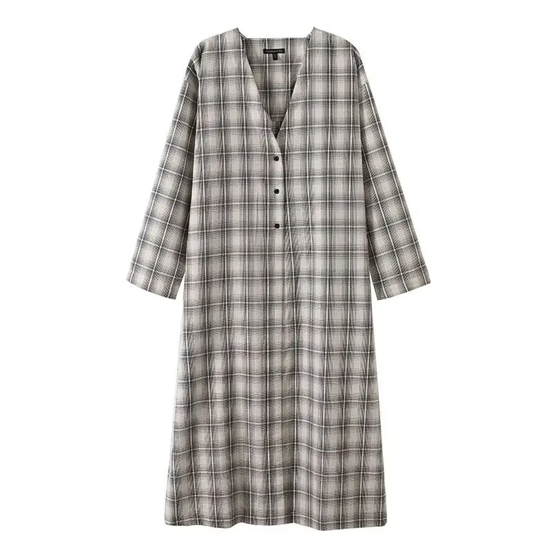 

Spring and Autumn Loose Summer Plaid Blouse New Women Casual Midi Dress Long Sleeves Vintage Dress Lady Long Dresses